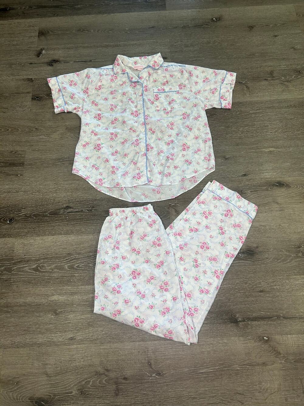Vintage Sears Carriage Court Floral Pajama Set Medium M Pink Rose Blue Piping